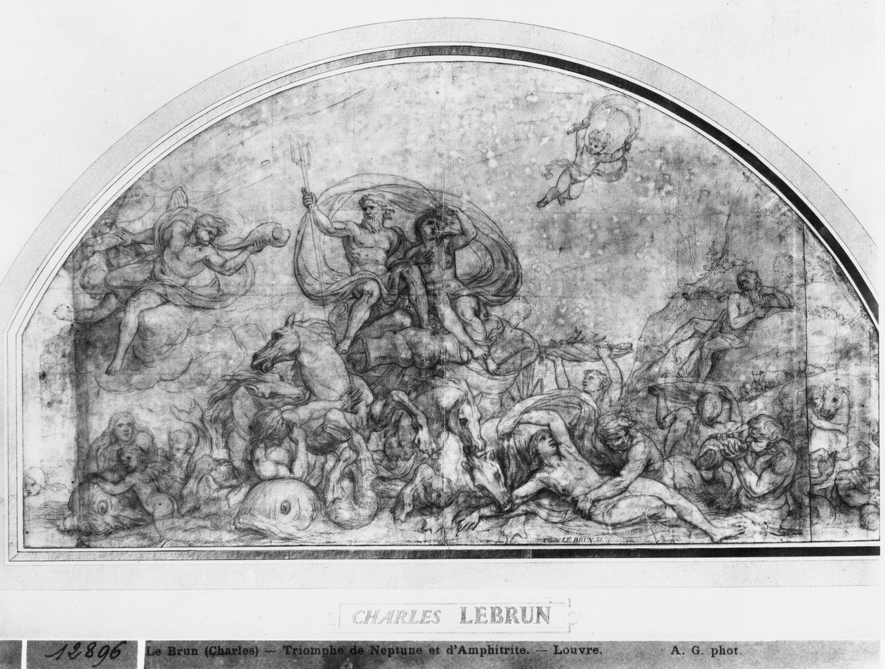 Neptun a Amphitrite nebo Rewakening of Waters, kolem 1663 (pero a hnědý inkoust a pierre noire a červená křída a šedá barva na béžovém papíře) od Charles Le Brun