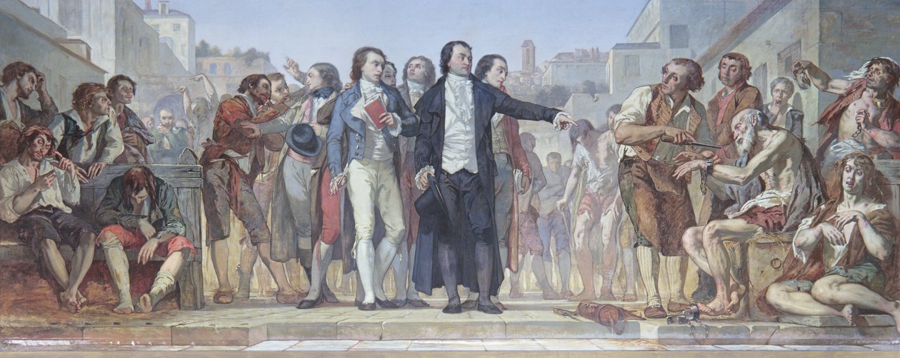 Philippe Pinel (1745-1826) při osvobozování bláznů z řetězů v pařížském blázinci Bicetre v roce 1793, asi 1840-50 (detail viz 163911). od Charles Louis Lucien Muller