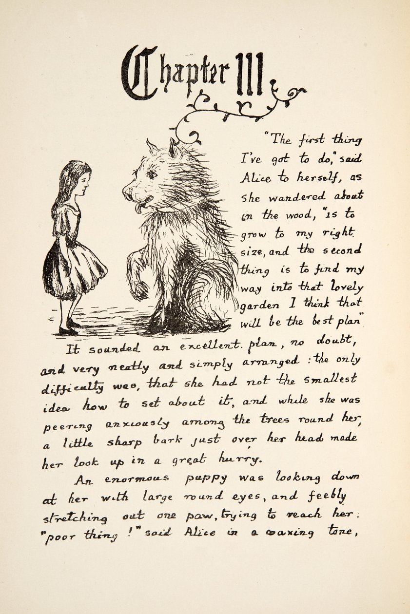 Alice meets the Puppy, ilustrace z Alices Adventures Under Ground, hospoda. 1886 (faksimile) od Charles Lutwidge Dodgson