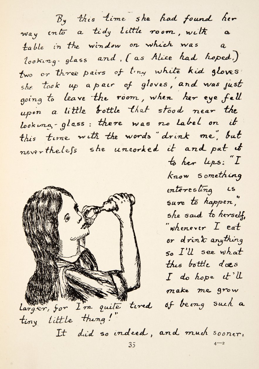 Alice odvíčkuje malou lahvičku, ilustrace z Alices Adventures Under Ground, hospoda. 1886 (faksimile) od Charles Lutwidge Dodgson