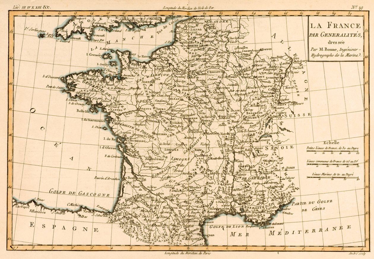 Francie podle regionů, z knihy "Atlas de Toutes les Parties Connues du Globe Terrestre" od Guillauma Raynala (1713-96), vydané v roce 1780. od Charles Marie Rigobert Bonne