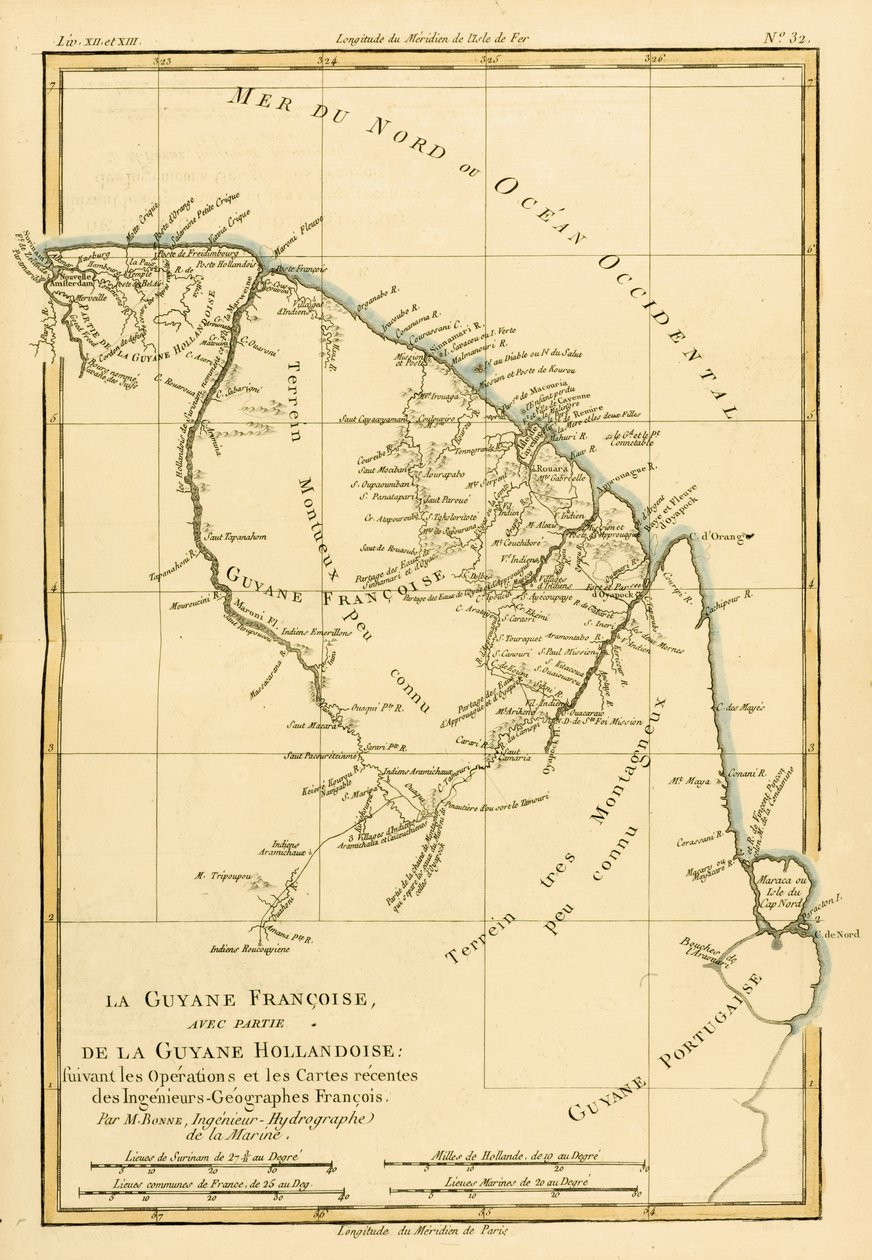Francouzská Guyana, s částí nizozemské Guyany, z „Atlas de Tous les parties Connues du Globe Terrestre“ od Guillaume Raynal (1713-96), publikoval J L Pellet, Ženeva, 1780 od Charles Marie Rigobert Bonne