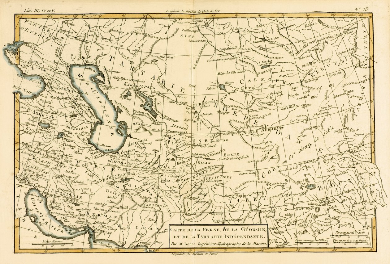 Persie, Gruzie a nezávislá Tartary, z „Atlasu všech známých částí zeměkoule“ od Guillauma Raynala (1713–96), vydaného v roce 1780 od Charles Marie Rigobert Bonne