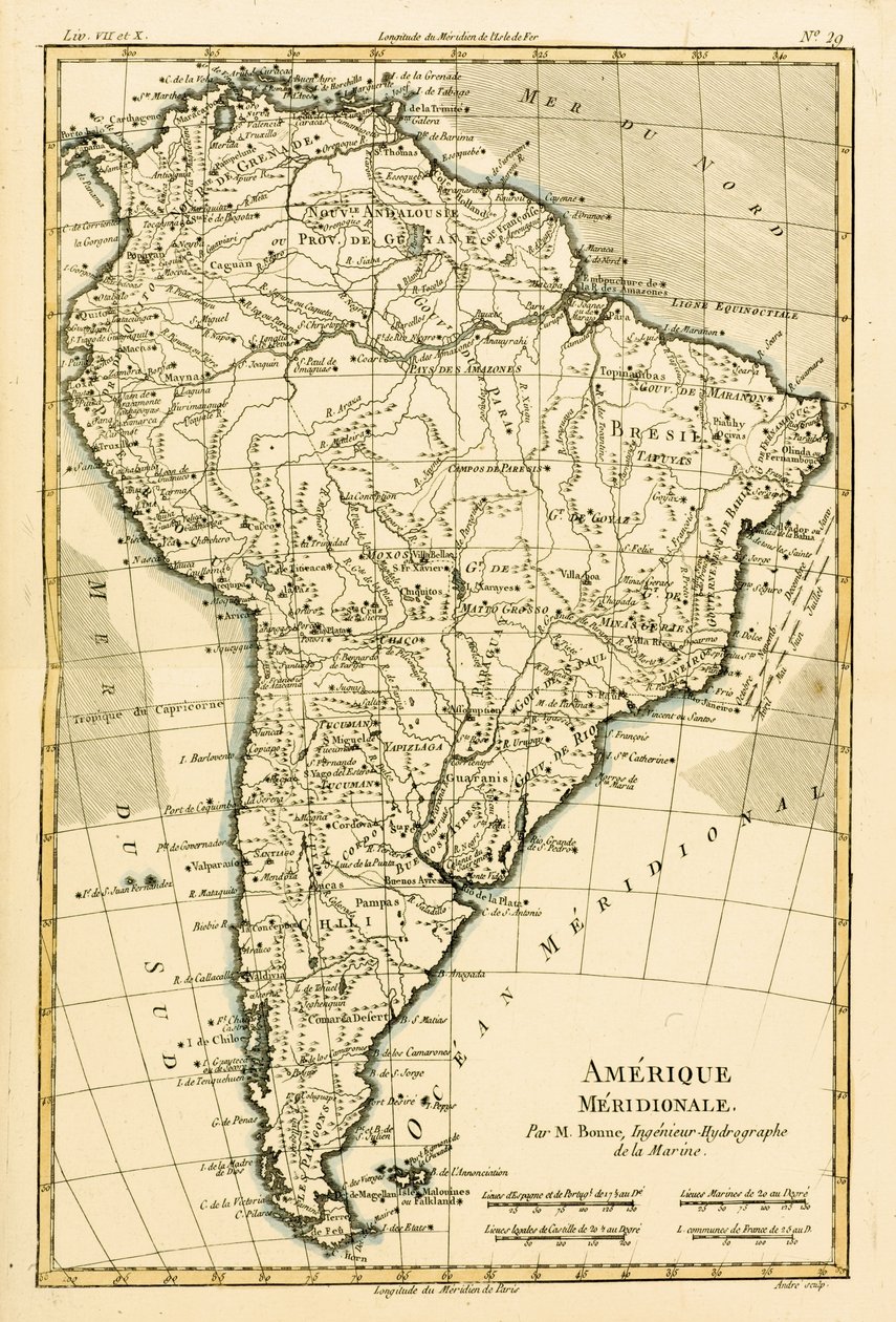 Jižní Amerika, z knihy "Atlas de Toutes les Parties Connues du Globe Terrestre" od Guillauma Raynala (1713-96), vydáno v Ženevě, 1780. od Charles Marie Rigobert Bonne