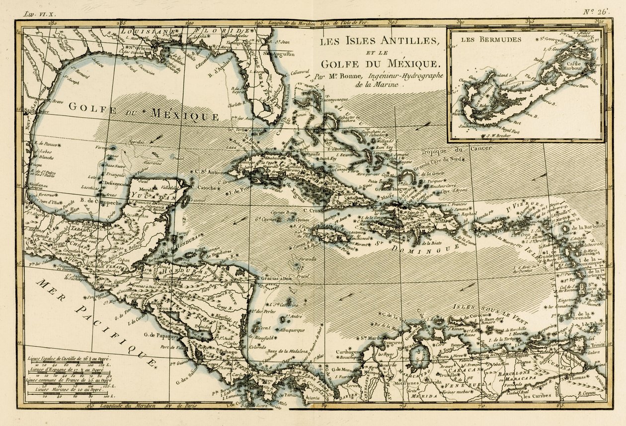 Antily a Mexický záliv, z „Atlasu všech známých částí zeměkoule“ od Guillauma Raynala (1713–96), vydaný v Ženevě, 1780 od Charles Marie Rigobert Bonne
