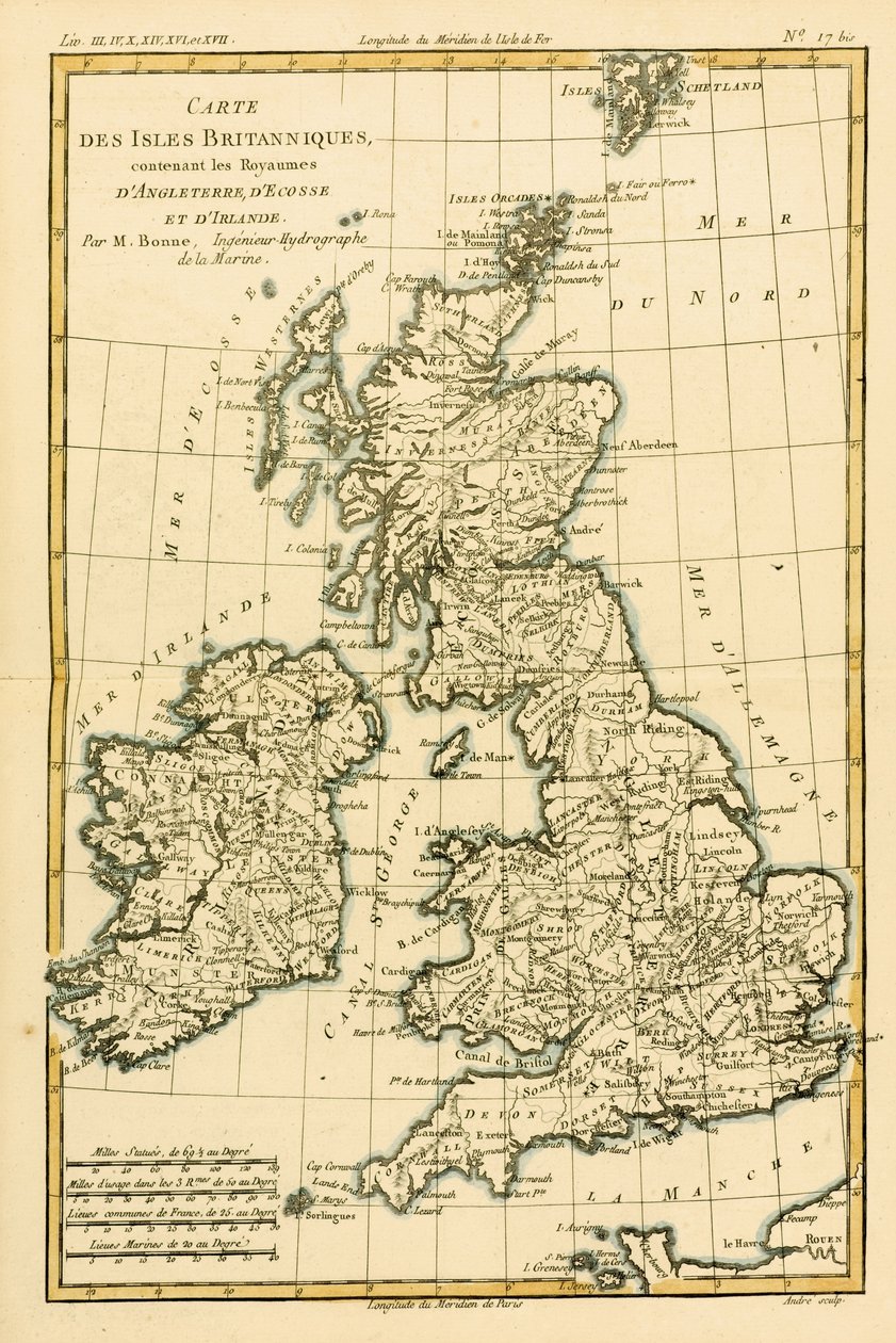 Britské ostrovy, včetně království Anglie, Skotska a Irska, z „Atlas de Toutes les parties Connues du Globe Terrestre“ od Guillauma Raynala (1713–96), vydaného v roce 1780 (barevná rytina od Charles Marie Rigobert Bonne
