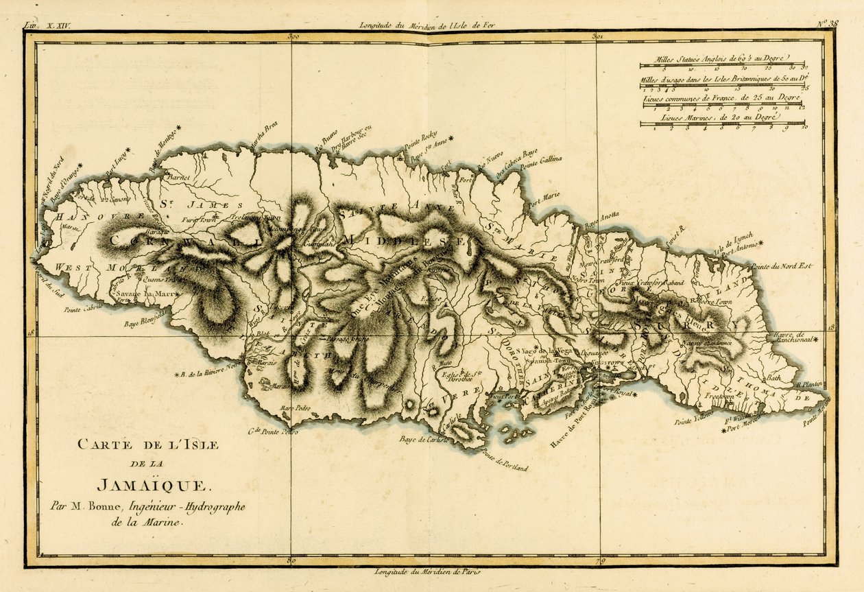 Ostrov Jamajky z „Atlasu všech známých částí pozemského světa“ od Guillauma Raynala (1713-96), vydaný v roce 1780 od Charles Marie Rigobert Bonne