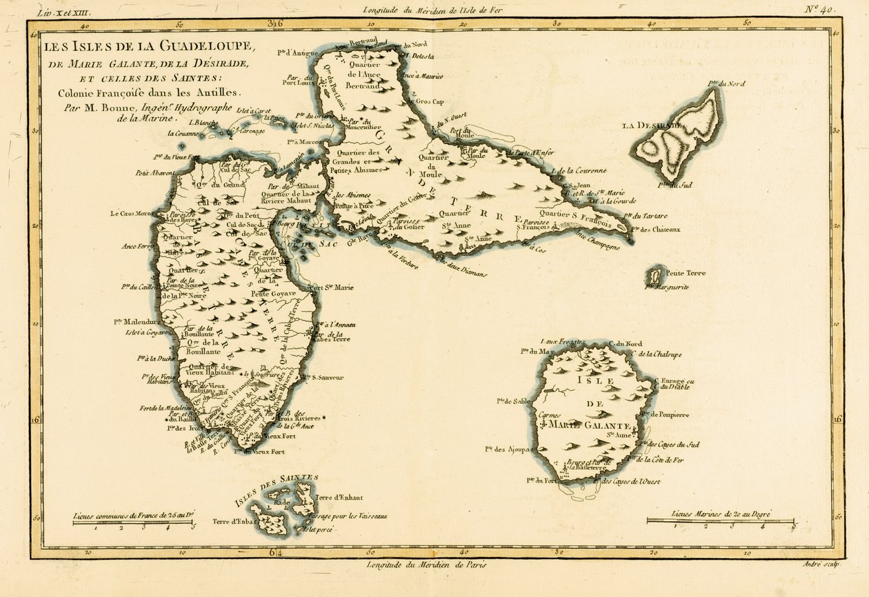 Ostrovy Guadeloupe, Marie-Galante, La Desirade a Isles des Saintes, francouzské kolonie na Antilách, z „Atlasu všech známých stran Globe Terrestre“ od Guillauma Raynala (17 od Charles Marie Rigobert Bonne