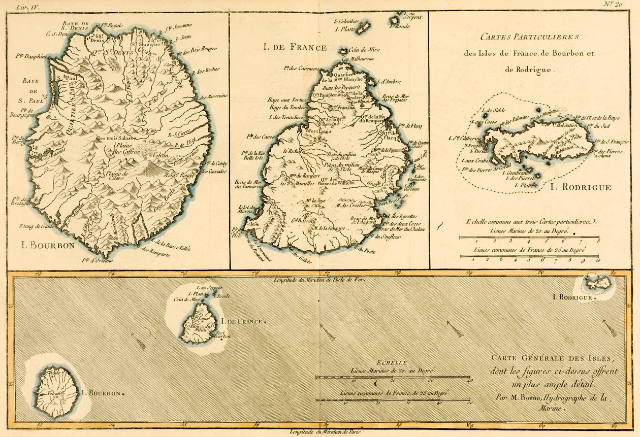 Ostrovy Rodriguez, Isle de France a Bourbon, z „Atlasu všech známých částí zeměkoule“ od Guillauma Raynala (1713–96), vydaného v roce 1780 od Charles Marie Rigobert Bonne