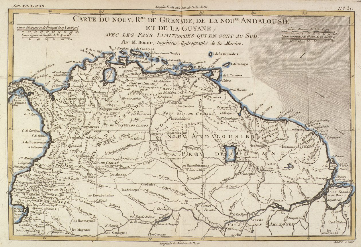 Nová království Grenady, Nové Andalusie a Guyany, z „Atlasu všech známých částí Zeměkoule“ od Guillaume Raynal (1713-96) Ženeva, 1780 od Charles Marie Rigobert Bonne