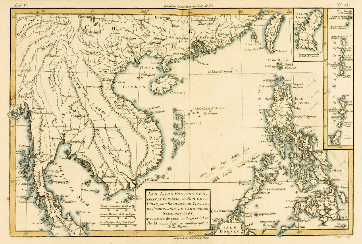 Filipíny, Formosa, Jižní Čína, Království Tonkin, Cochin, Čína, Kambodža, Siam, Laos a část království Pegu a Ava, z „Atlas de Toutes les parties Connues du Globe Terrestre“ od G. od Charles Marie Rigobert Bonne