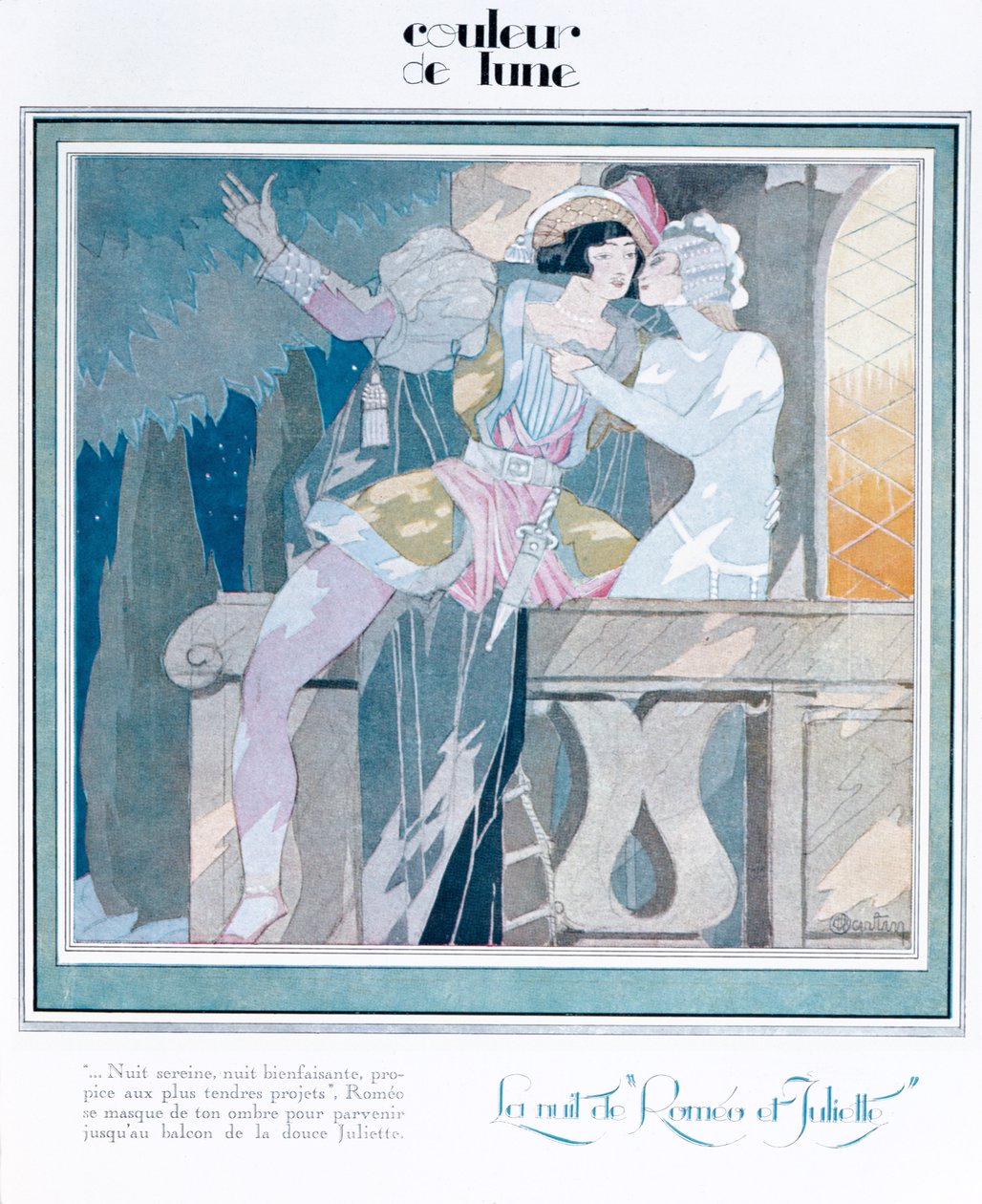 Romeo a Julie na balkónové scéně, ilustrace z časopisu „Femina“, prosinec 1929 od Charles Martin