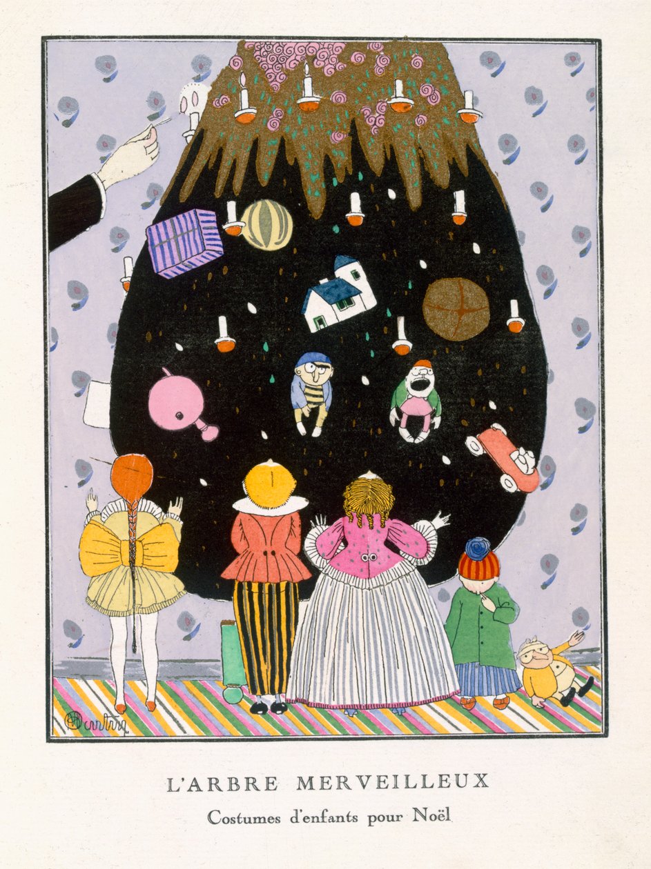 The Marvellous Tree, dětská móda na Vánoce, deska III z "Gazette du Bon Ton" č. 1, leden 1914 (pochoir print) od Charles Martin