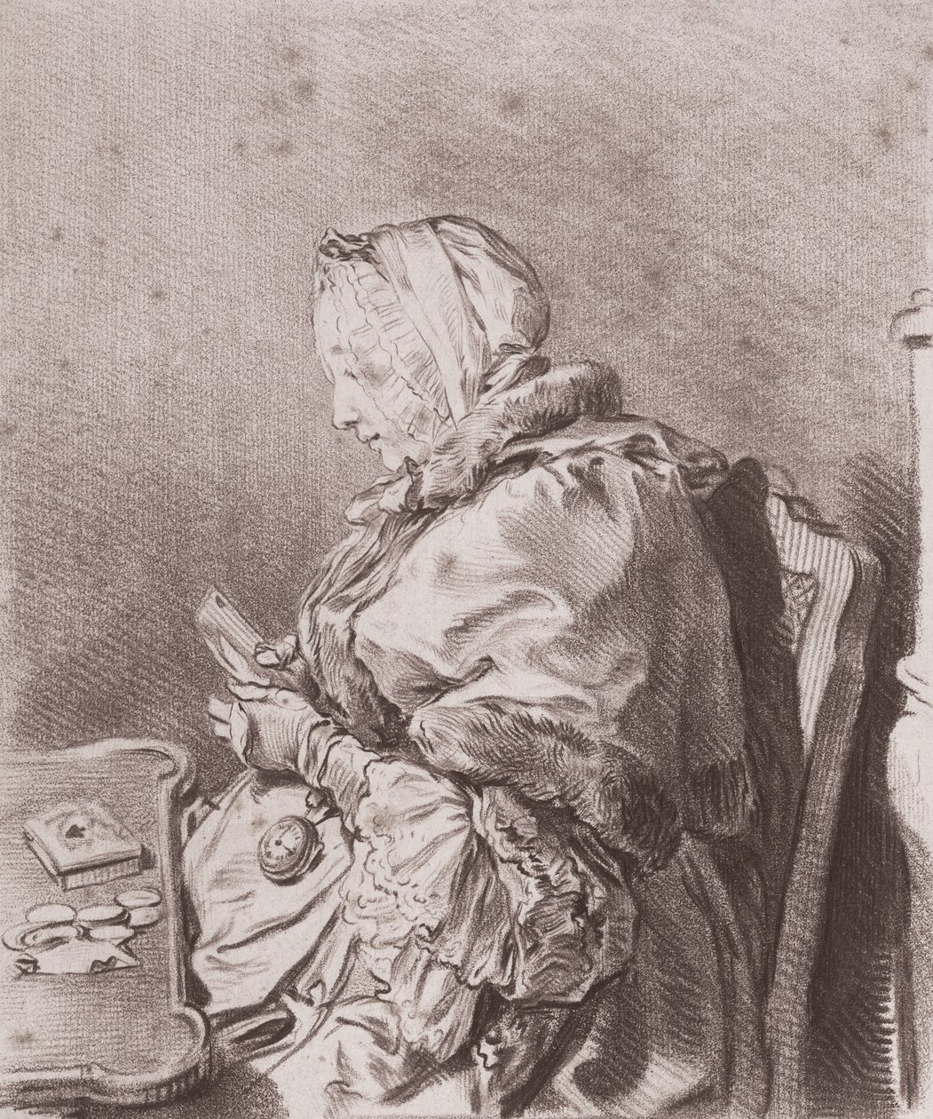Portrét Madame Marie Therese Rodet Geoffrin (1699-1777) 1746 (červená křída na papíře) od Charles Nicolas II Cochin