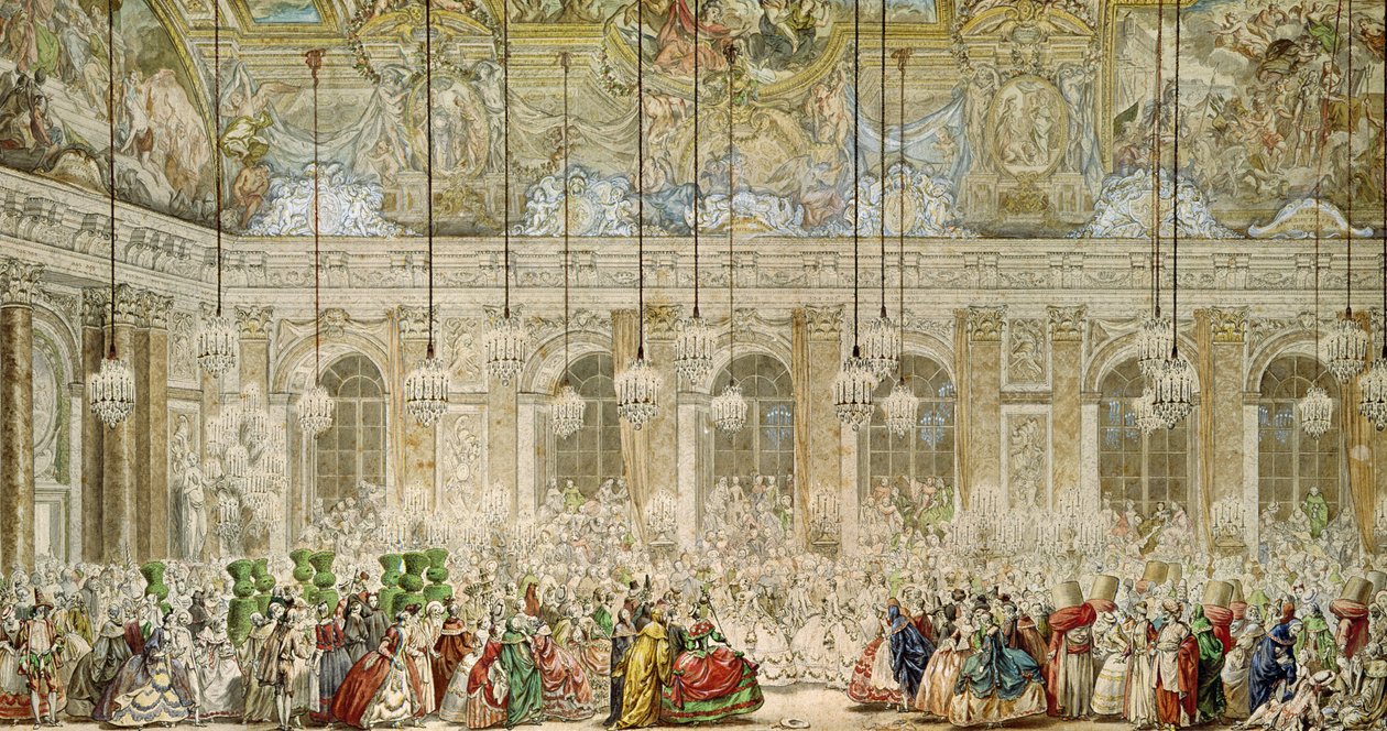 Maskovaný ples v Galerii des Glaces, 17. února 1745 (pero a inkoust a wc na papíře) od Charles Nicolas II Cochin