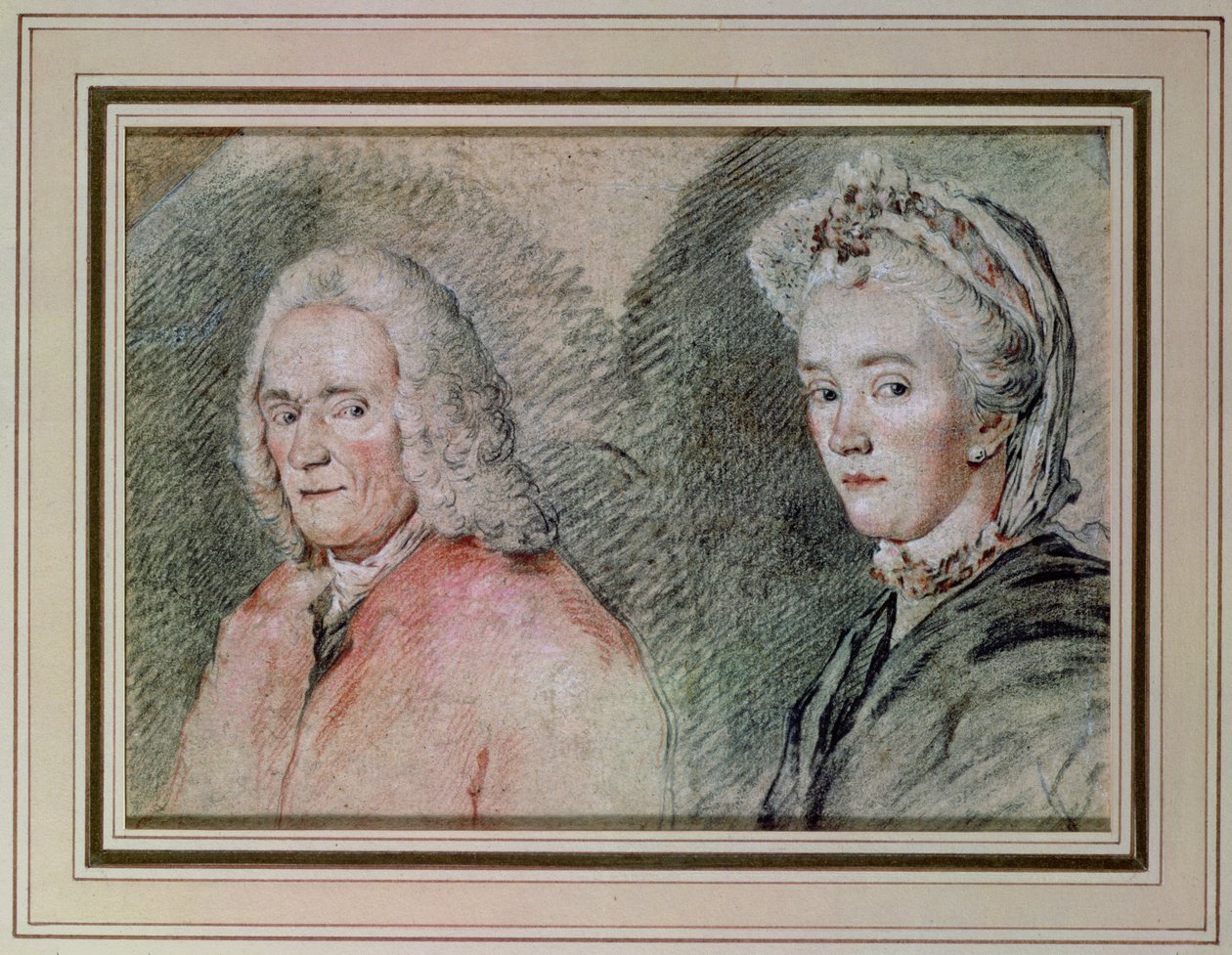 Voltaire (Francois Marie Arouet de Voltaire 1694-1778) a Madame Denis (Marie-Louise Mignot Denis 1712-90), kolem 1758-70 (tužka na papíře) od Charles Nicolas II Cochin