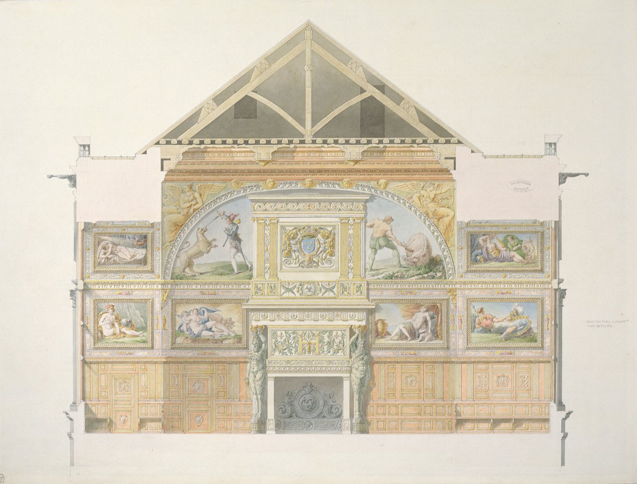Paní 1014 Povýšení tanečního sálu ve Fontainebleau, deska z alba (wc a tužka na papíře) od Charles Percier