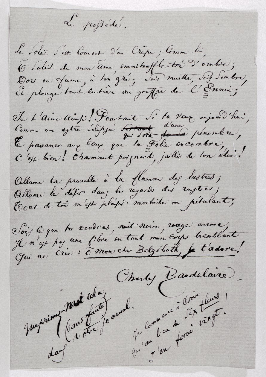 Autografní báseň "Le Possede od Charles Pierre Baudelaire