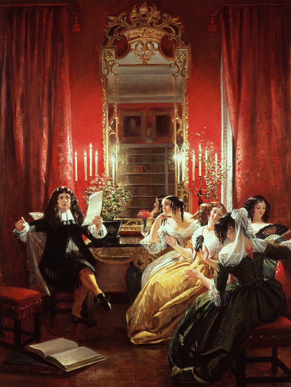 Trissotin čte svůj sonet z „Les Femmes Savantes“ od Moliera (1622-73) 1846 od Charles Robert Leslie
