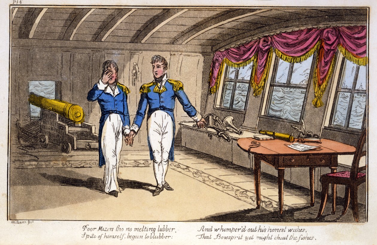 Chudák Mizen, žádné tavné mazivo... z The Adventures of a Post Captain, od námořního důstojníka, hospoda. 1820 (ručně kolorovaná akvatinta) od Charles Williams