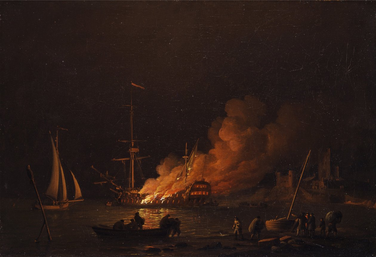 Loď v noci hořela, asi 1756 od Charles Brooking