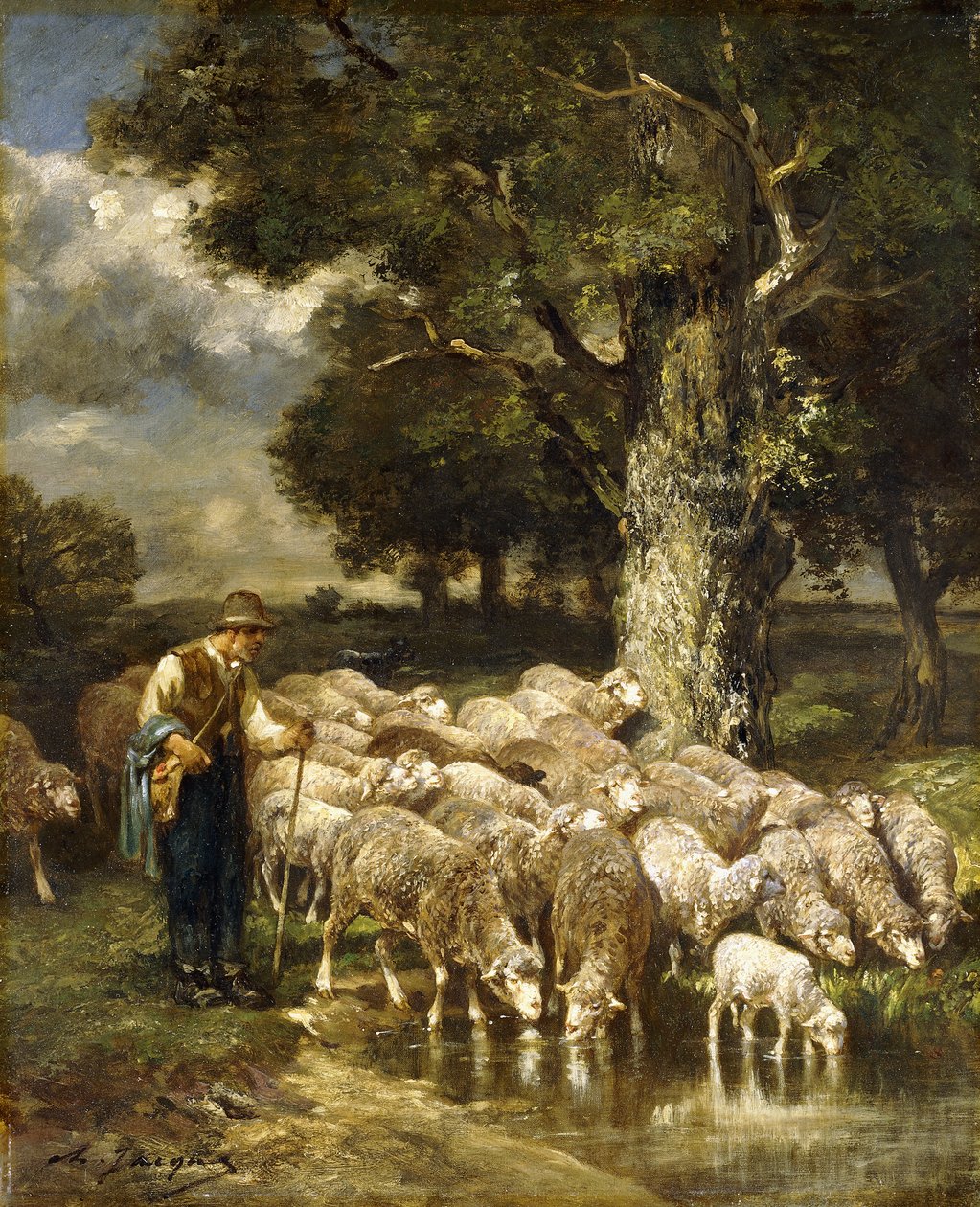 Pastýř, který se stará o své stádo, od Charles Emile Jacque