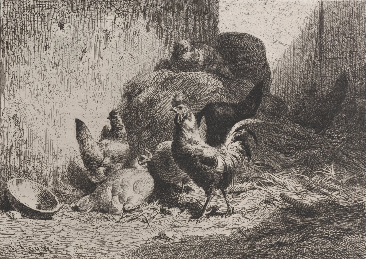 Kohout a slepice, 1864. od Charles Emile Jacque