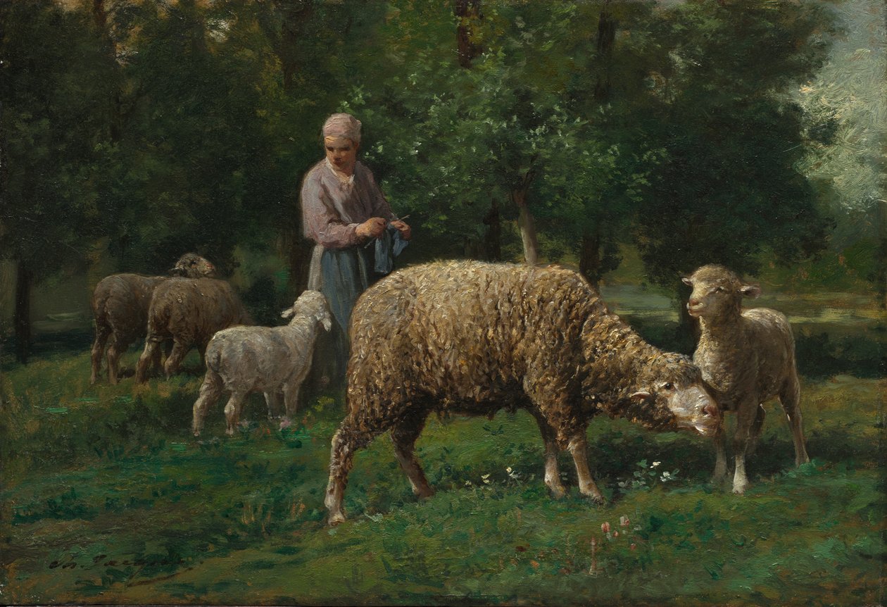 Pastýřka s ovečkami od Charles Emile Jacque