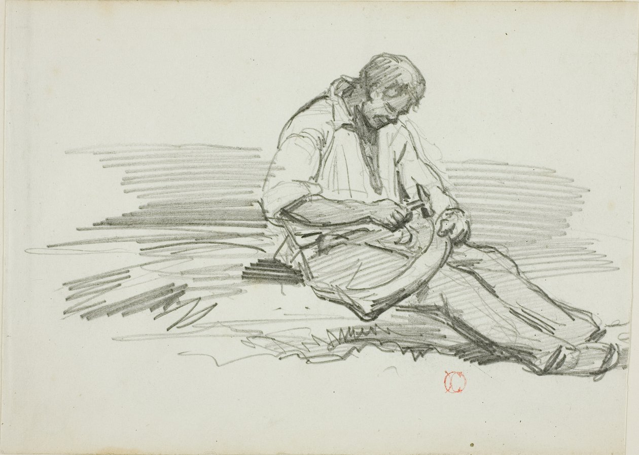 Muž opravující kosu od Charles Francois Daubigny