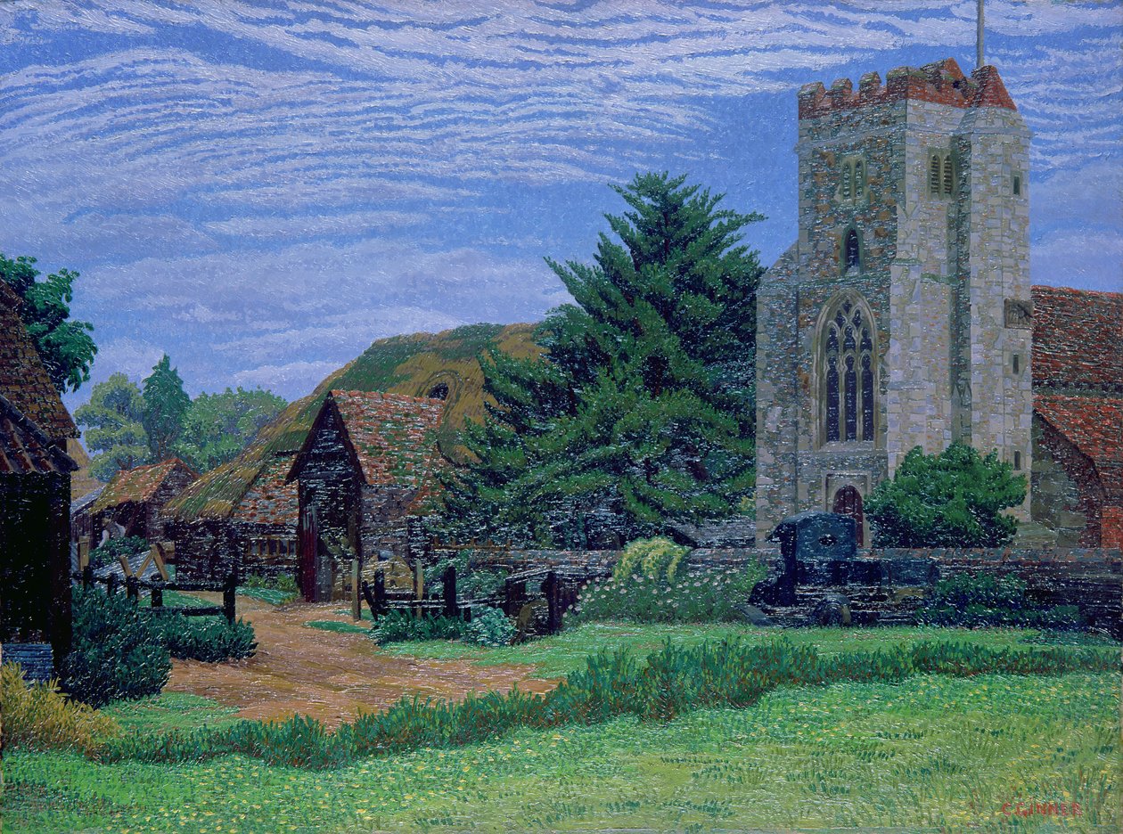 Kostel a stodola, Waltham St. Lawrence od Charles Ginner