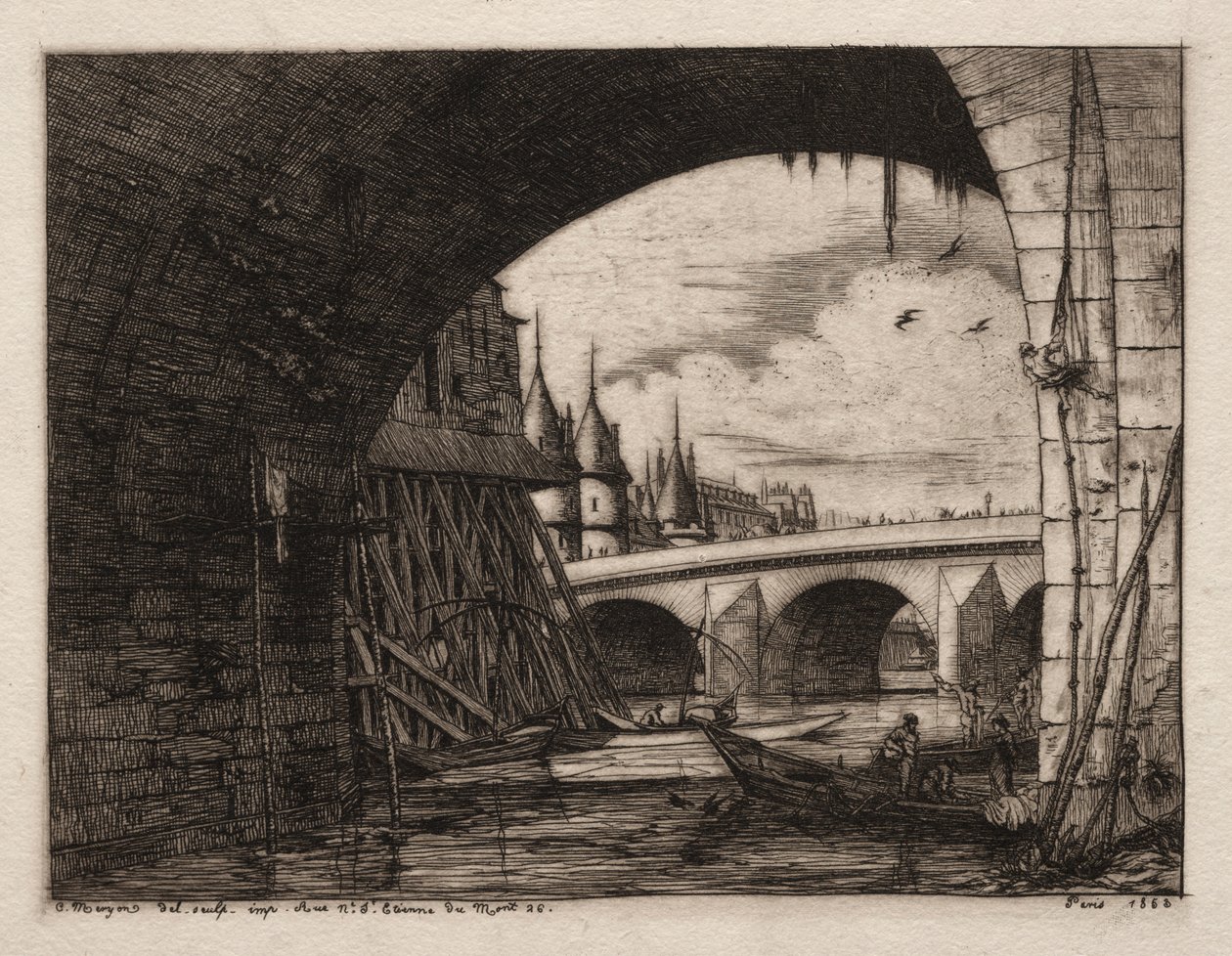 Oblouk Pont Notre Dame, Paříž, 1853. od Charles Meryon