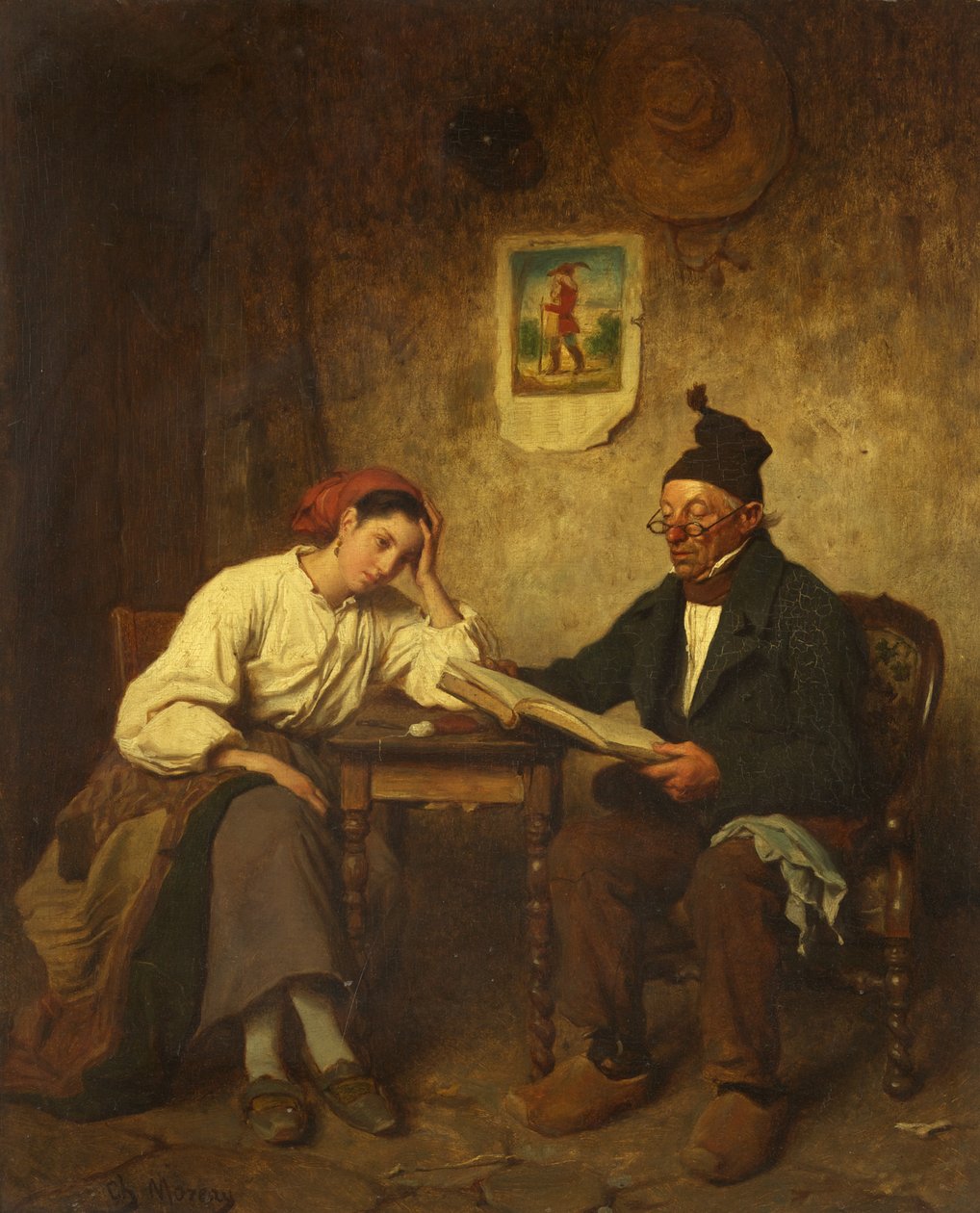 Otec a dcera (olej na panelu) od Charles Moreau