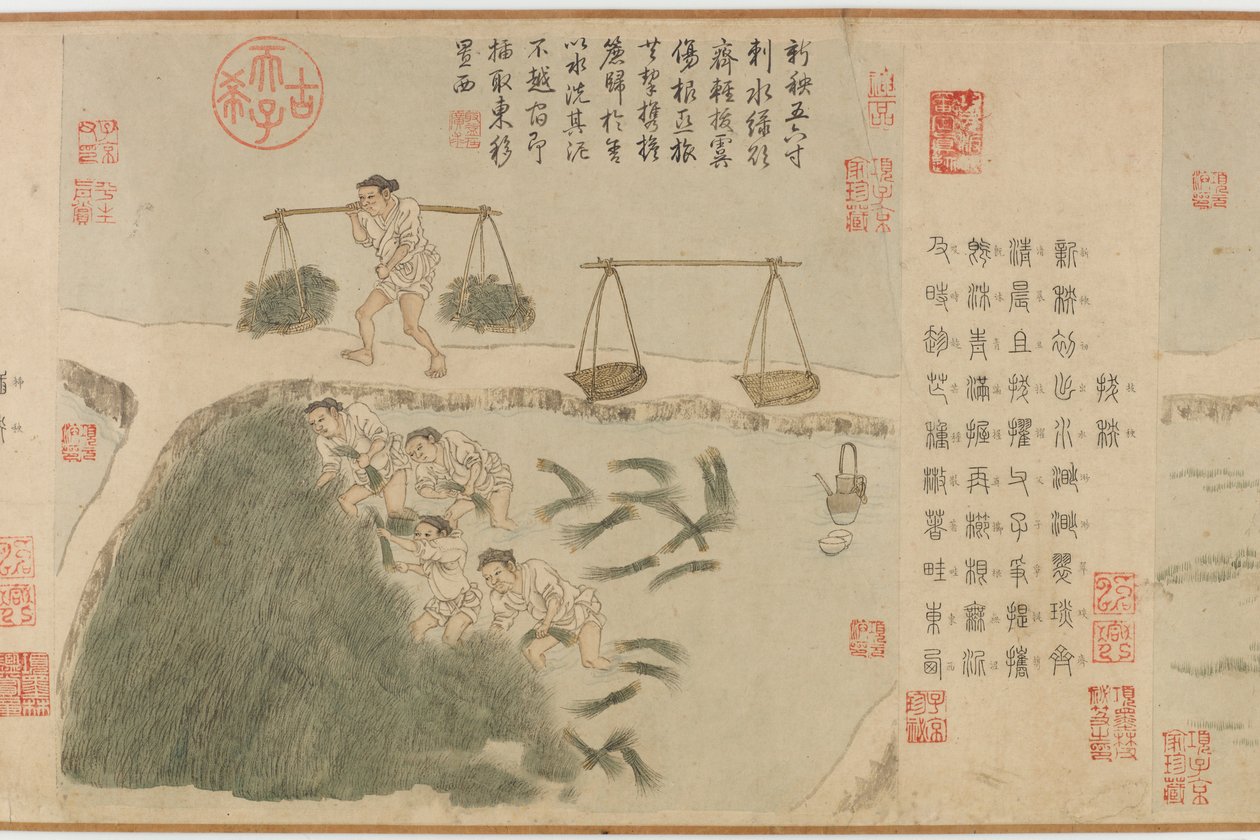 Tilling Rice, dynastie Yuan (inkoust a barva na papíře) od Cheng Qi