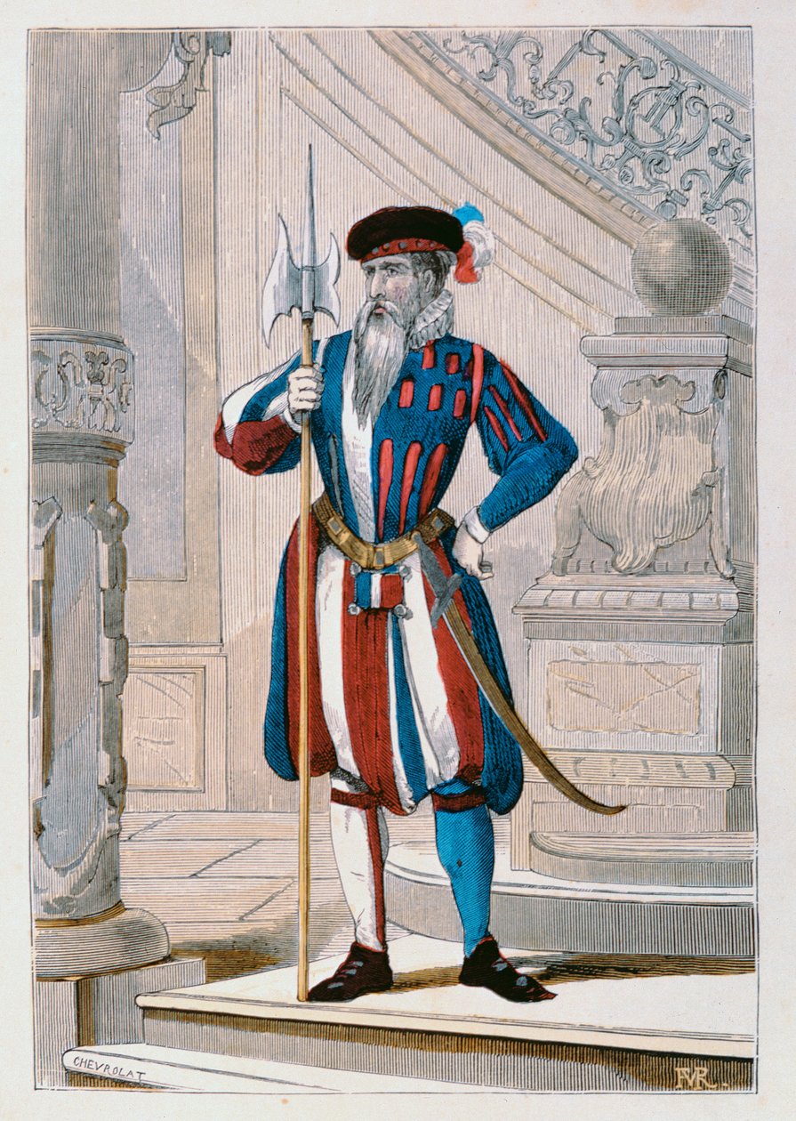 Králova švýcarská garda z roku 1586, ilustrace z „Costumes Civils et Militaires Francais a travers les siecles“ od Augustina Challamela, 1881 od Chevrolat