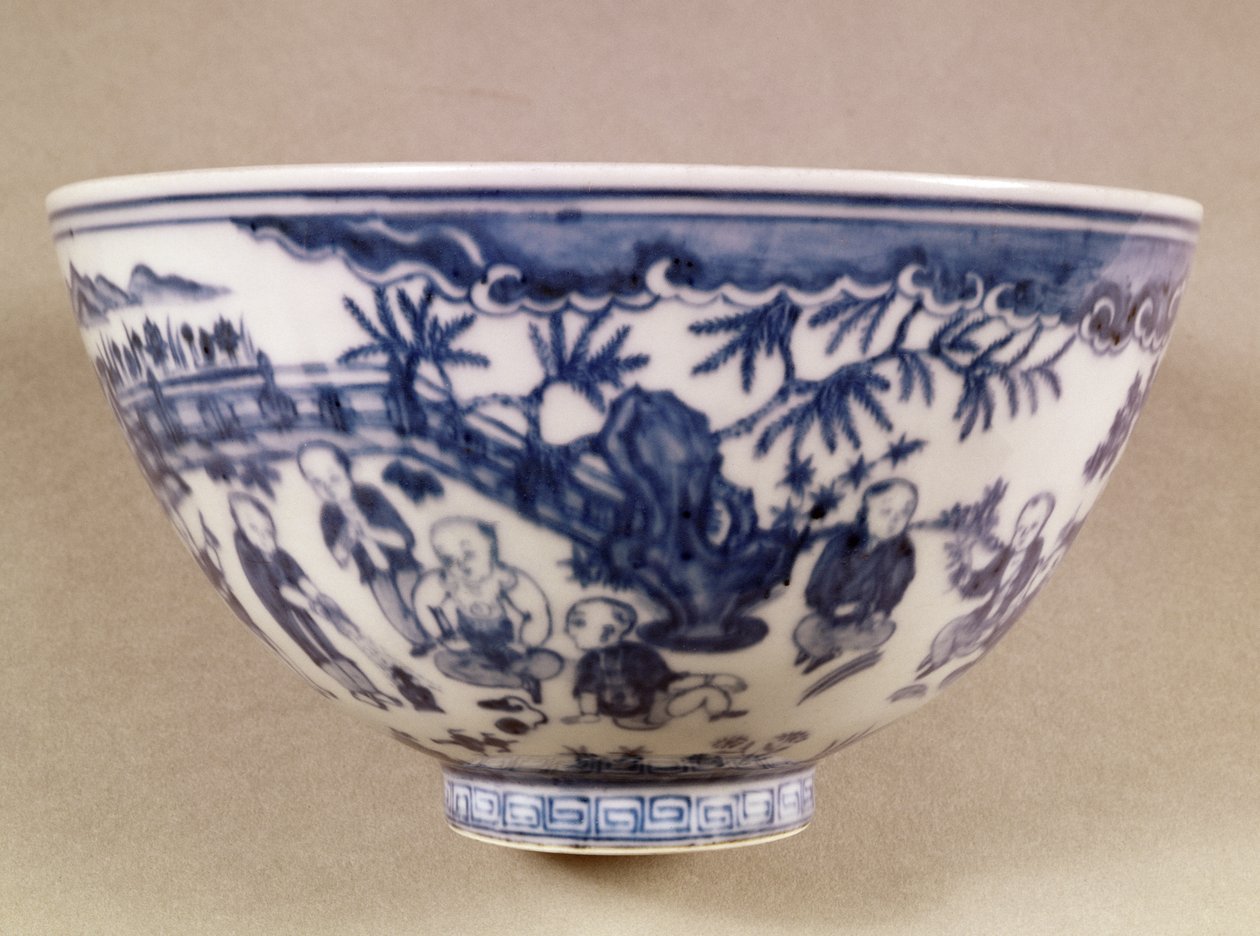 Modrobílá mísa zdobená krajinou s figurami, 1450-1500 (porcelán) od Chinese School