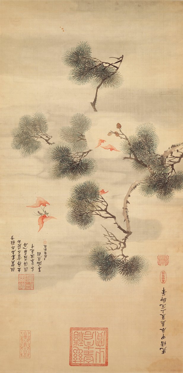 Pět netopýrů uprostřed borové větve, 1844 od Chinese School