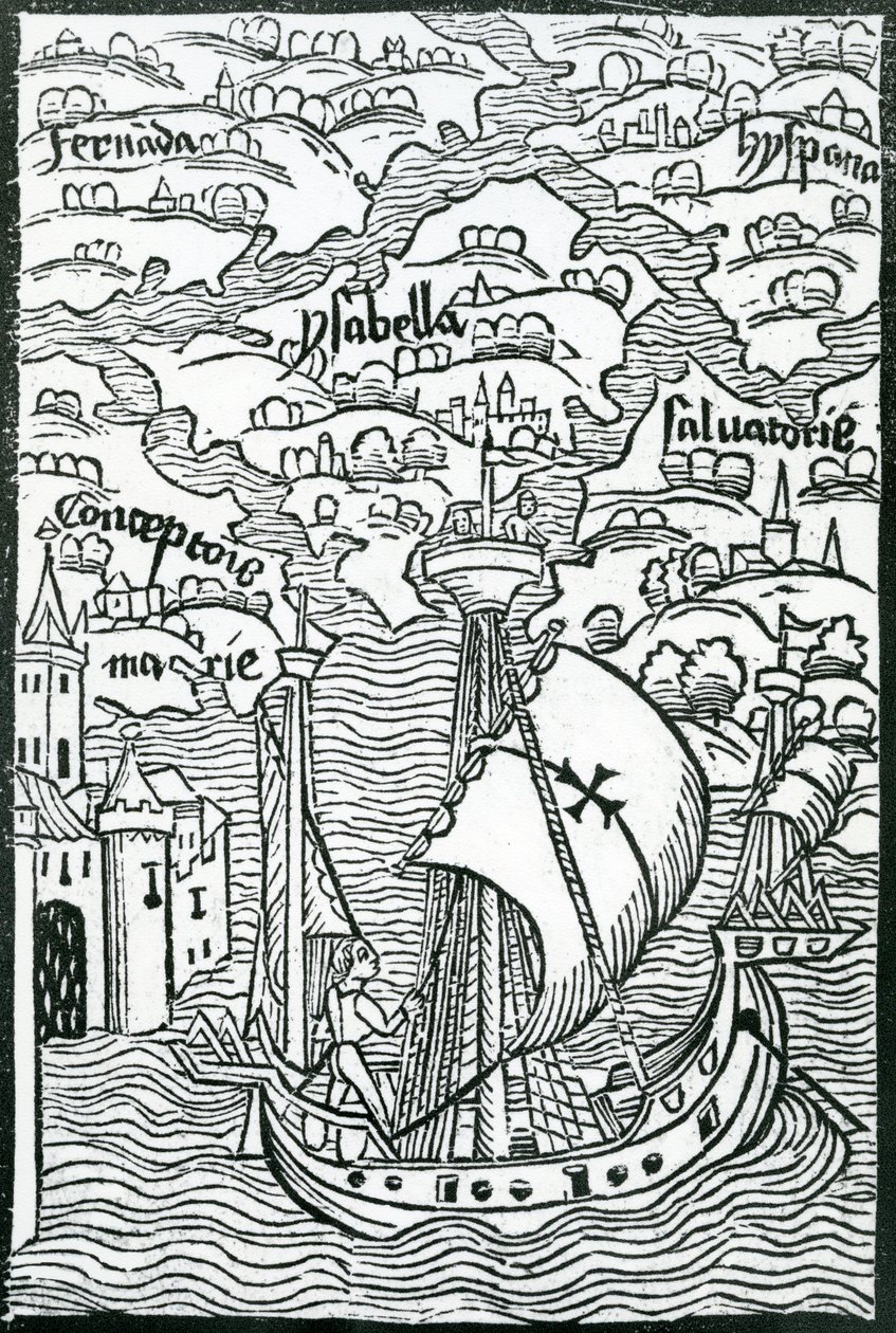 Mapa popisující ostrovy Salvador, Espanola, Fernanda, Isabella a Conception, 1493 od Christopher Columbus