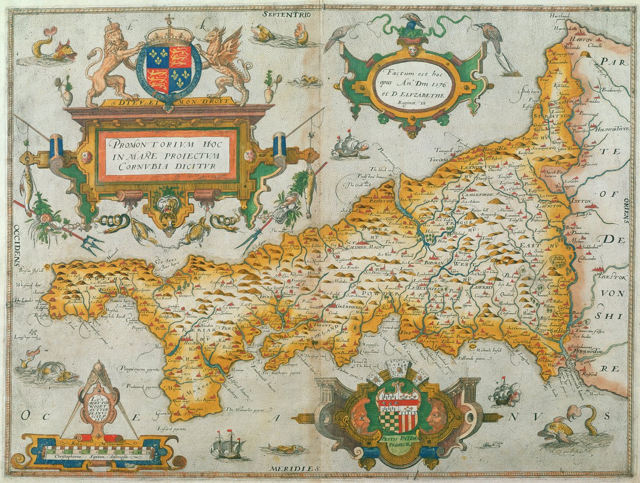Mapa hrabství Cornwall, 1579 (ručně kolorovaná rytina) od Christopher Saxton