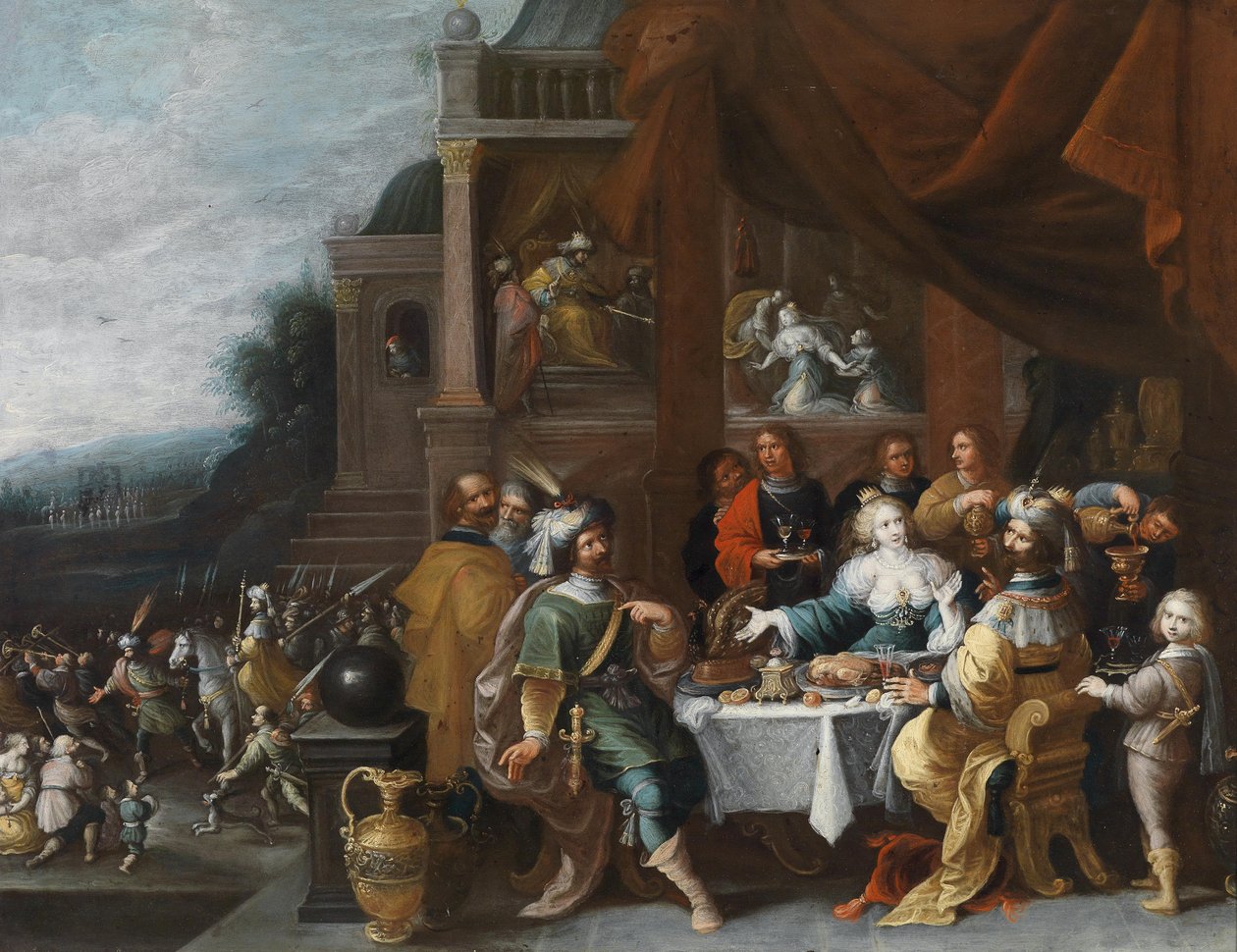 Ahasver a Haman na Esterinu hostinu od Circle of Frans Francken the Younger