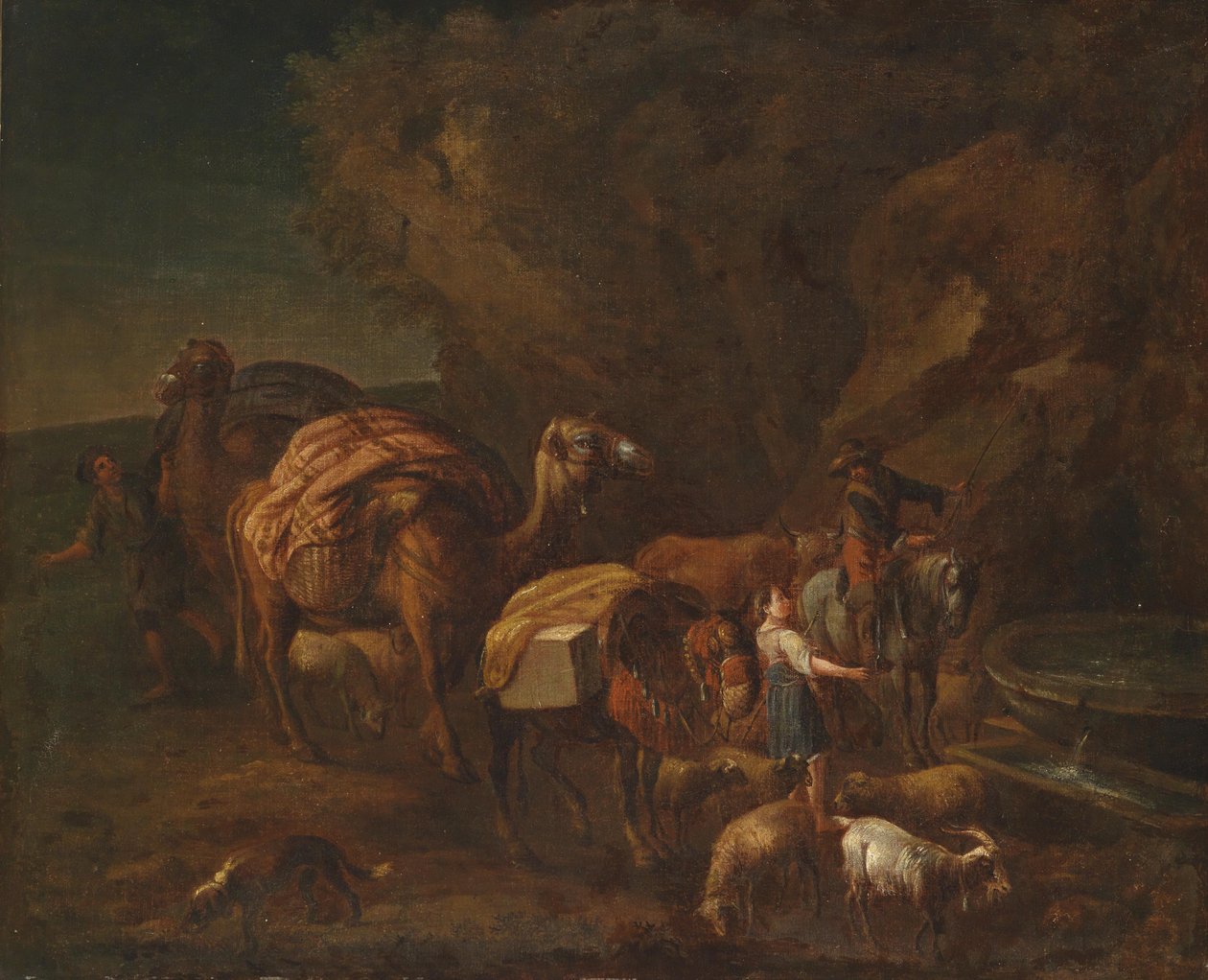 Orientální krajina s řidiči velbloudů a pastevci dobytka od Circle of Nicolaes Pieterszoon Berchem