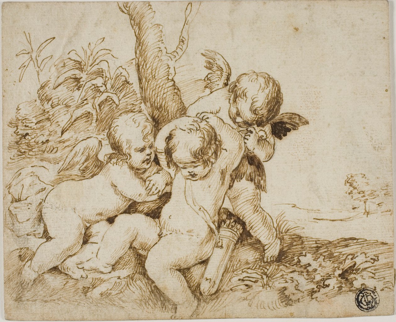 Dva Putti zavazující oči třetímu od Circle of Guido Reni