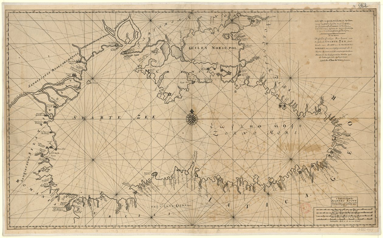 Nová voskovaná, odstupňovaná mapa celého Černého moře táhnoucí se od Asaffu po Constantinopolitan, zobrazující většinu všech řek Havens a foortresses nebo pevnosti found on the Sea coast after the Naukuerigste found t od Claes De Vries