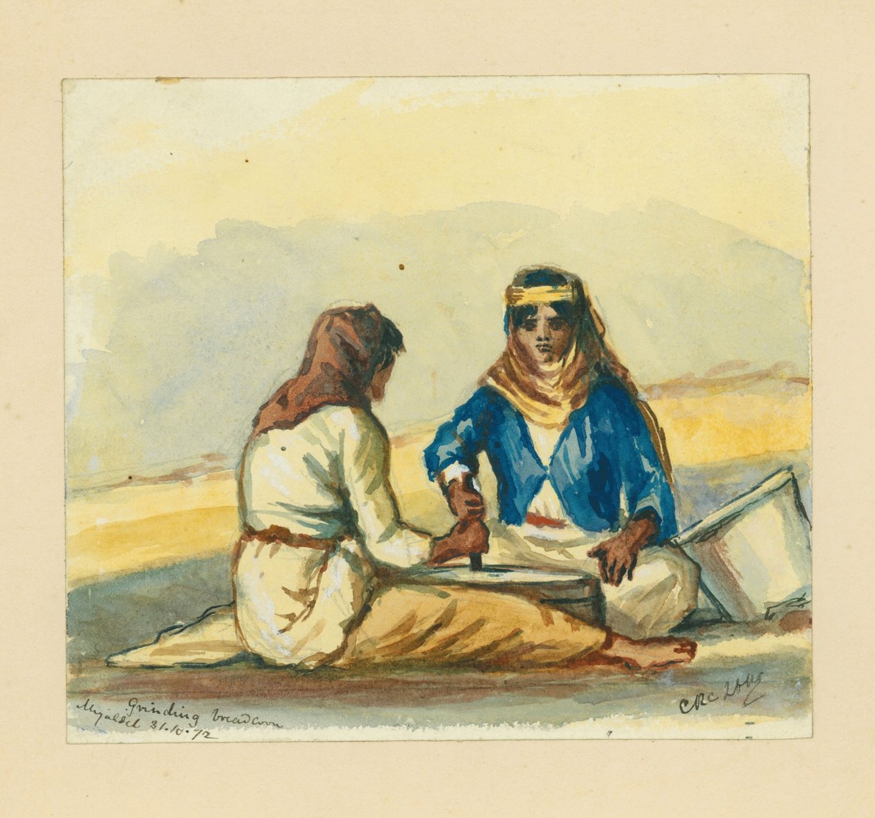 Mletí kukuřice chleba, 1872 (wc a tužka na papíře) od Claude Conder