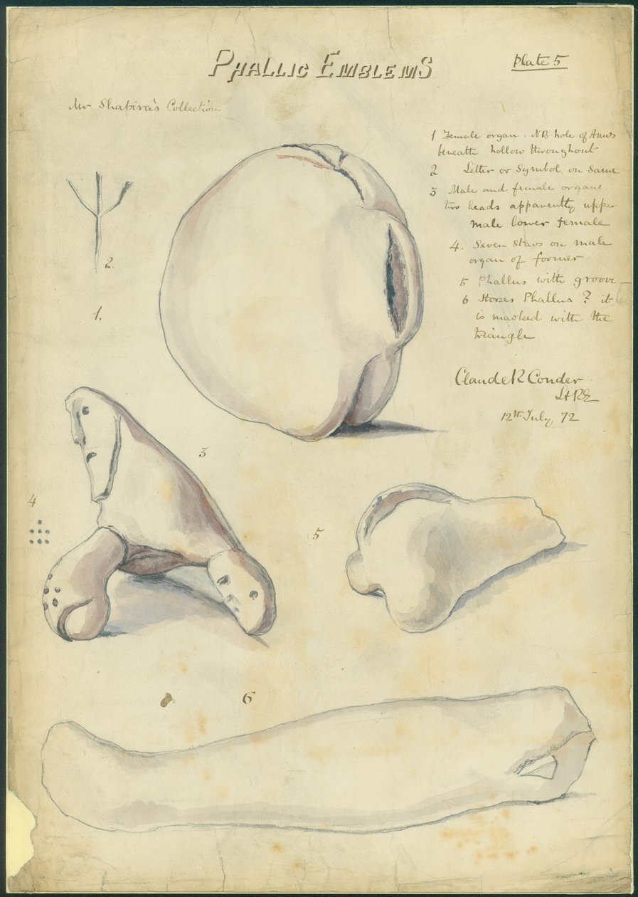 Falické emblémy, sbírka pana Shapiry, deska 5, 1872 (wc a tužka na papíře) od Claude Conder