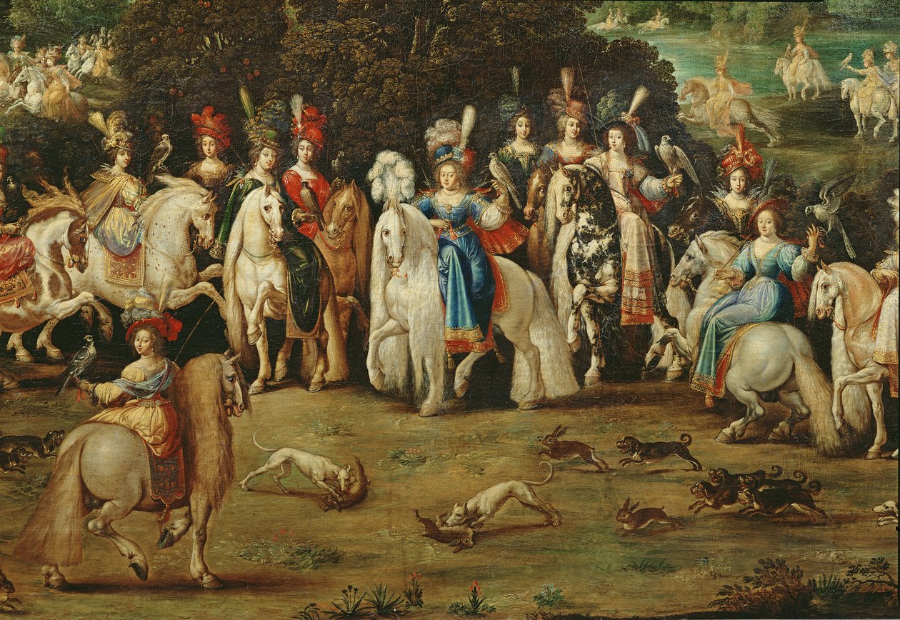 Vzduch, detail skupiny žen ve středu a psů pronásledujících zajíce, c.1640-41 od Claude Deruet