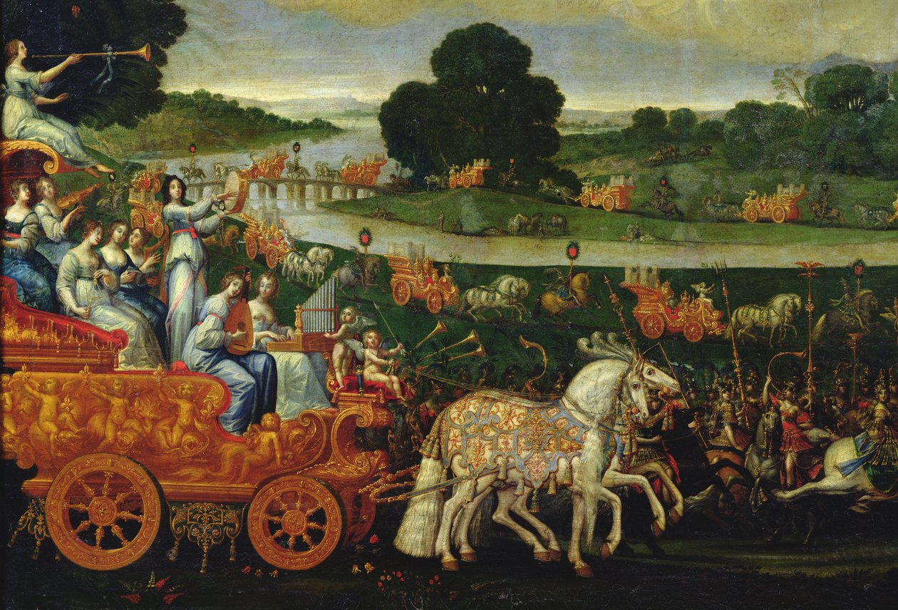 Země, detail levého vozu s devíti Múzami, asi 1640-41 od Claude Deruet