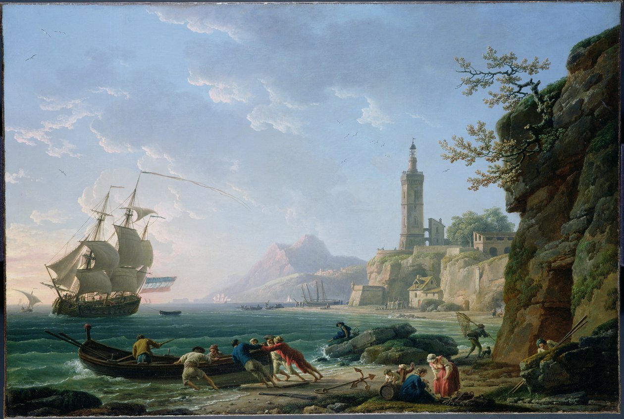 Claude-Joseph Vernet. Pobřežní krajina Středozemního moře. Nizozemská obchodní loď v zátoce. od Claude Joseph Vernet