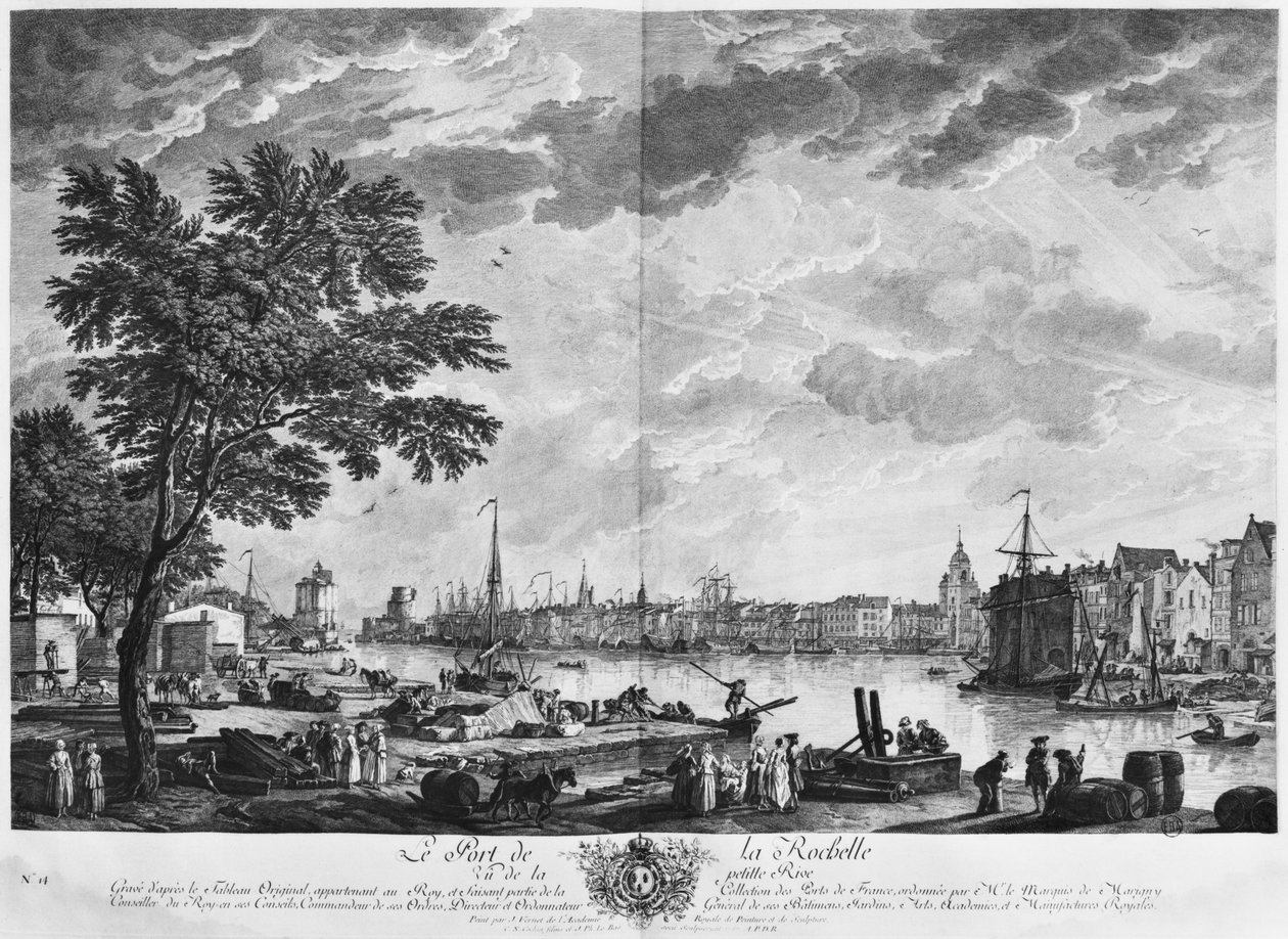 Přístav La Rochelle, při pohledu z malého břehu, série „Les Ports de France“, vyrytá Charlesem Nicolasem Cochinem mladším (1715-90) a Jacquesem Philippem Le Basem (1707-83) 1767 (lept a vyryt) od Claude Joseph Vernet