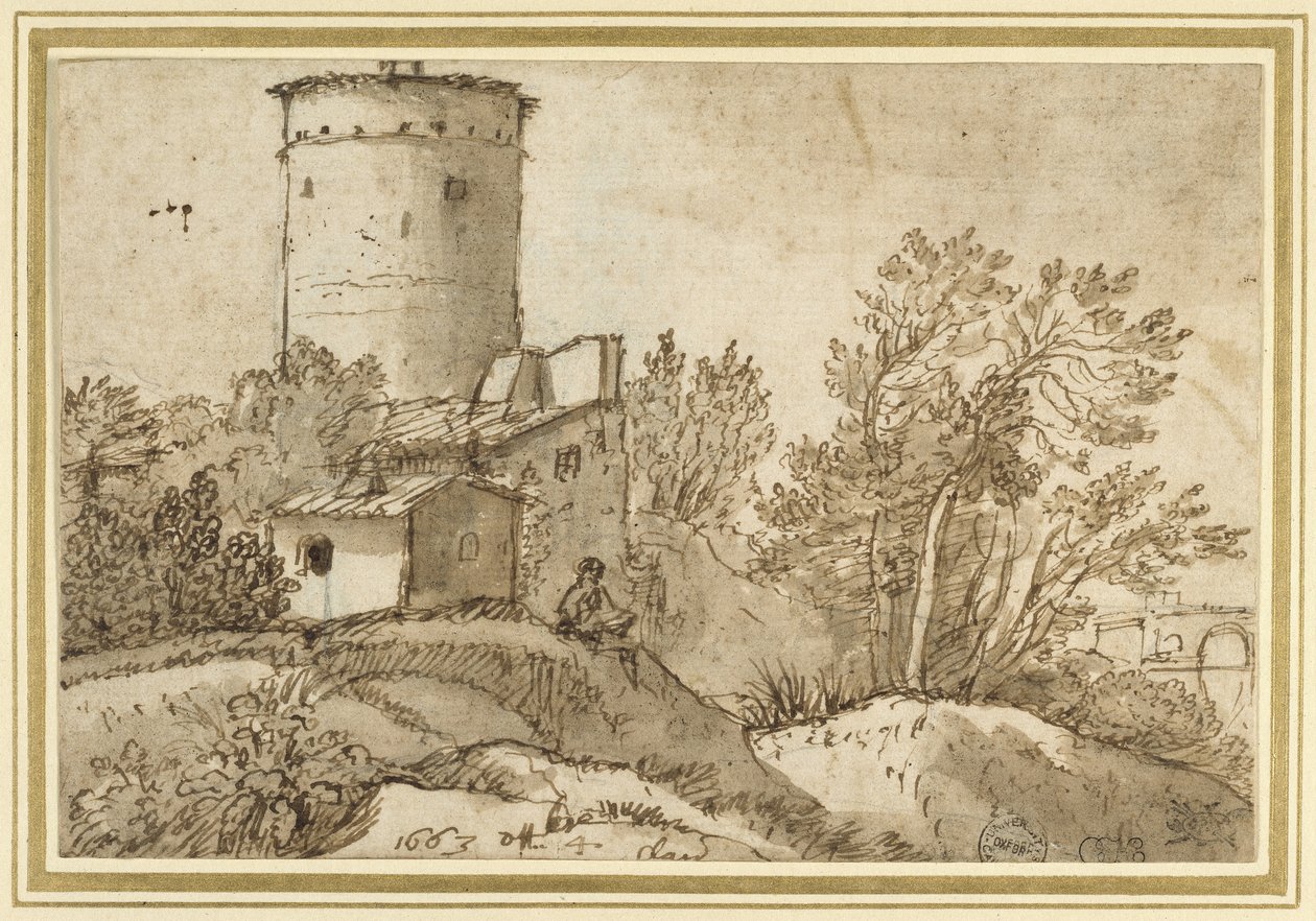 Farm Buildings by the Tiber, 1663 (černá křída s perem a hnědým inkoustem a hnědá barva na špinavě bílém papíře) od Claude Lorrain