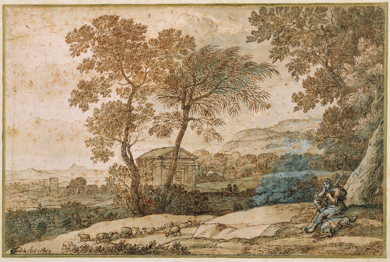 Krajina s pastýřem a jeho psem (pero a tuš na papíře) od Claude Lorrain